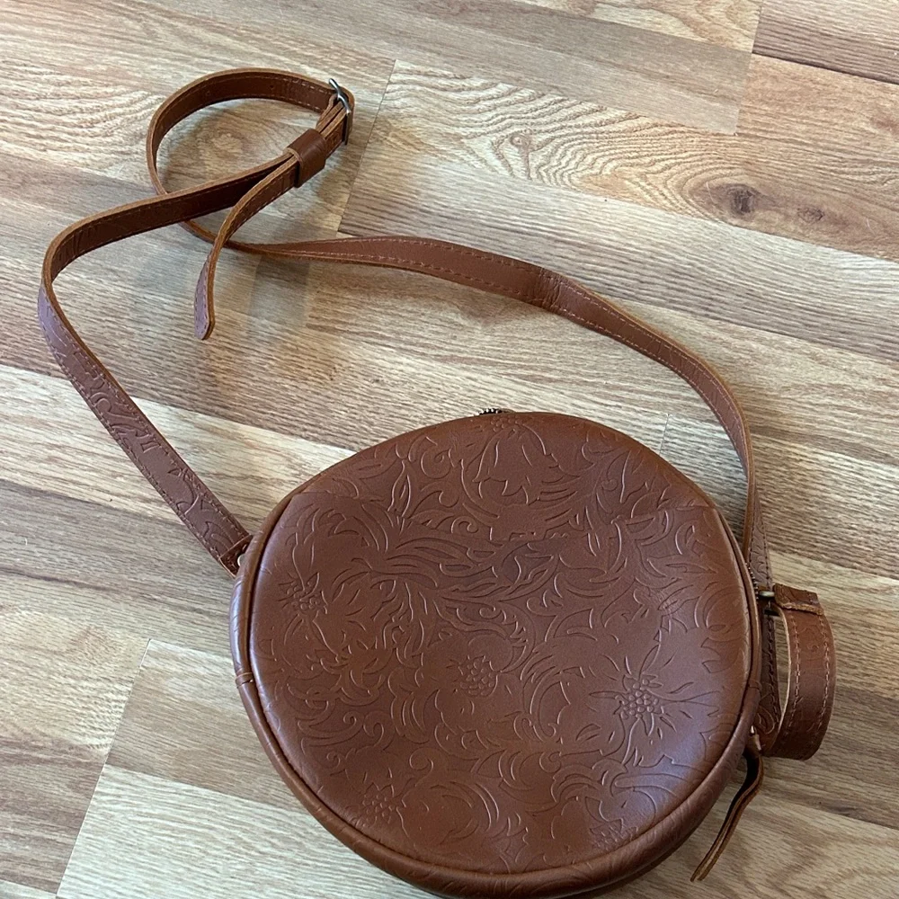 Round Brown Embossed Large Circle Crossbody Bag - Picture 1 of 8